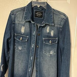 American Bazi Long Destructed Hem Denim Jacket for Women